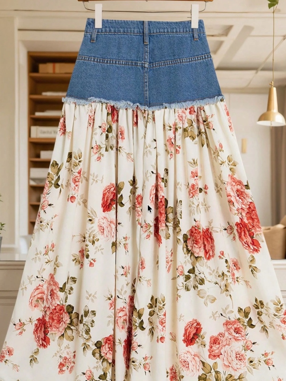 Boho Floral Print Denim Frayed Flowy Maxi Skirt - Picture 4 of 6